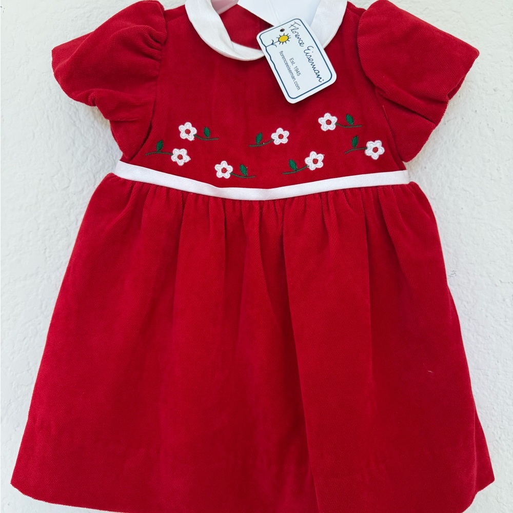 Florence Eiseman Girl’s Vevlet Waist Red Dress with White Flower Accents Puff Sl